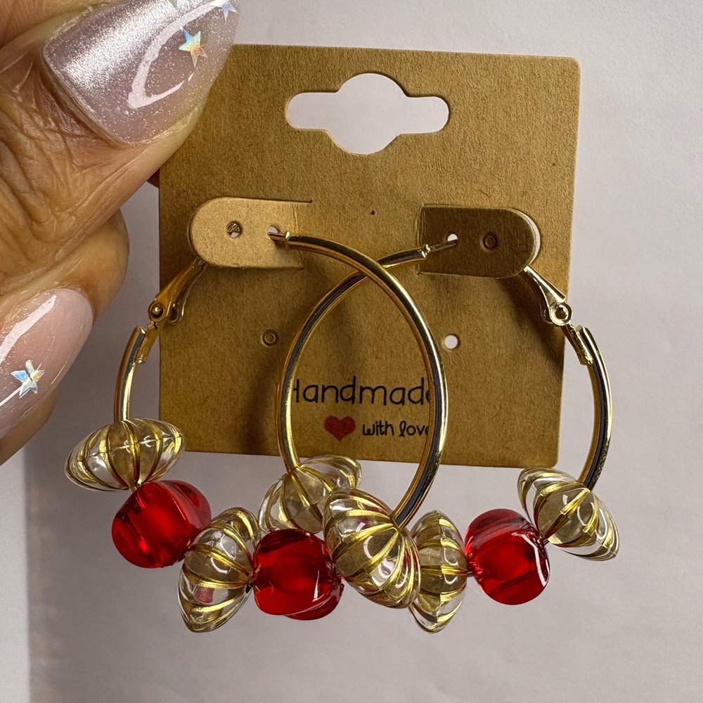 Gold and Red Hoop Earrings